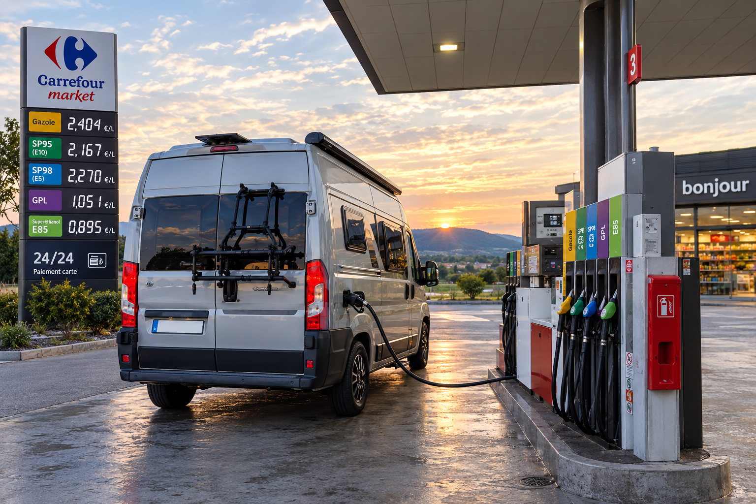 Van aménagé à une station Carrefour Market, totem des prix carburants
