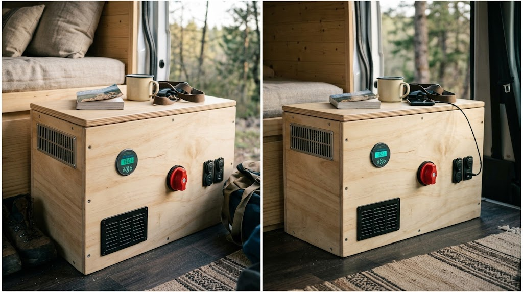 Caisson technique 12V en bois pour batterie et électronique installé dans un fourgon aménagé