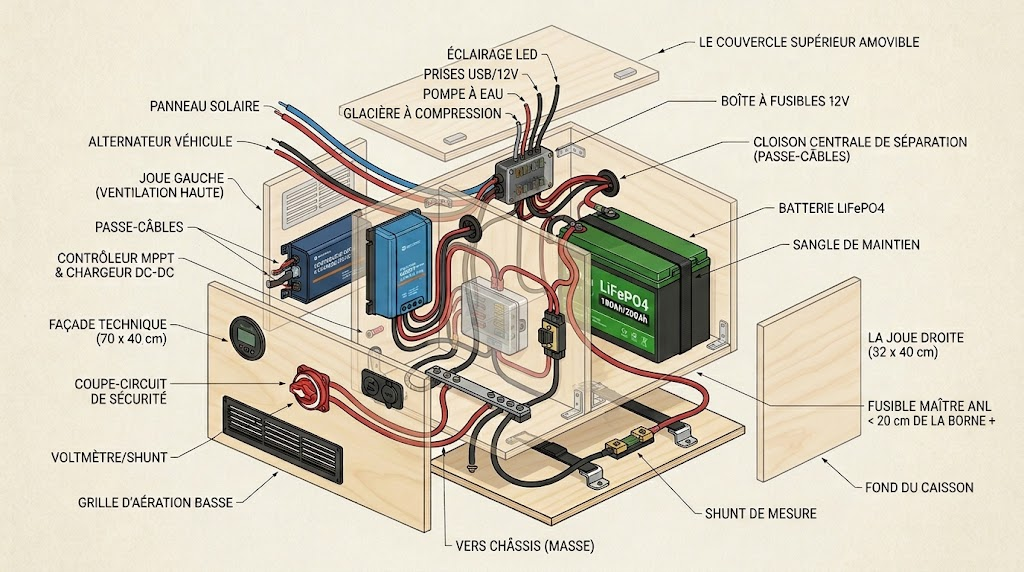Vue éclatée du caisson technique 12V : câblage solaire et alternateur, MPPT, DC-DC, fusible ANL, batterie LiFePO4 sanglée et façade ventilée