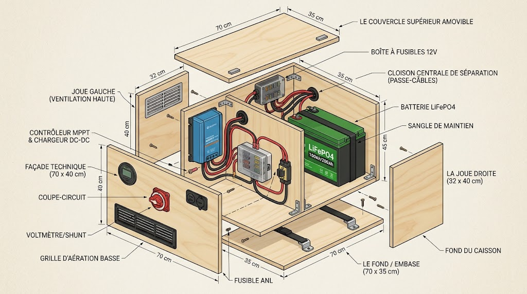 Vue éclatée 3D d’un caisson technique 12V pour van : compartiment batterie LiFePO4, MPPT, DC-DC, fusible ANL, façade ventilée