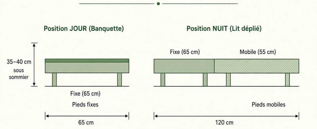 Lit peigne coulissant amovible (120 × 190 cm) : plan de débit et montage