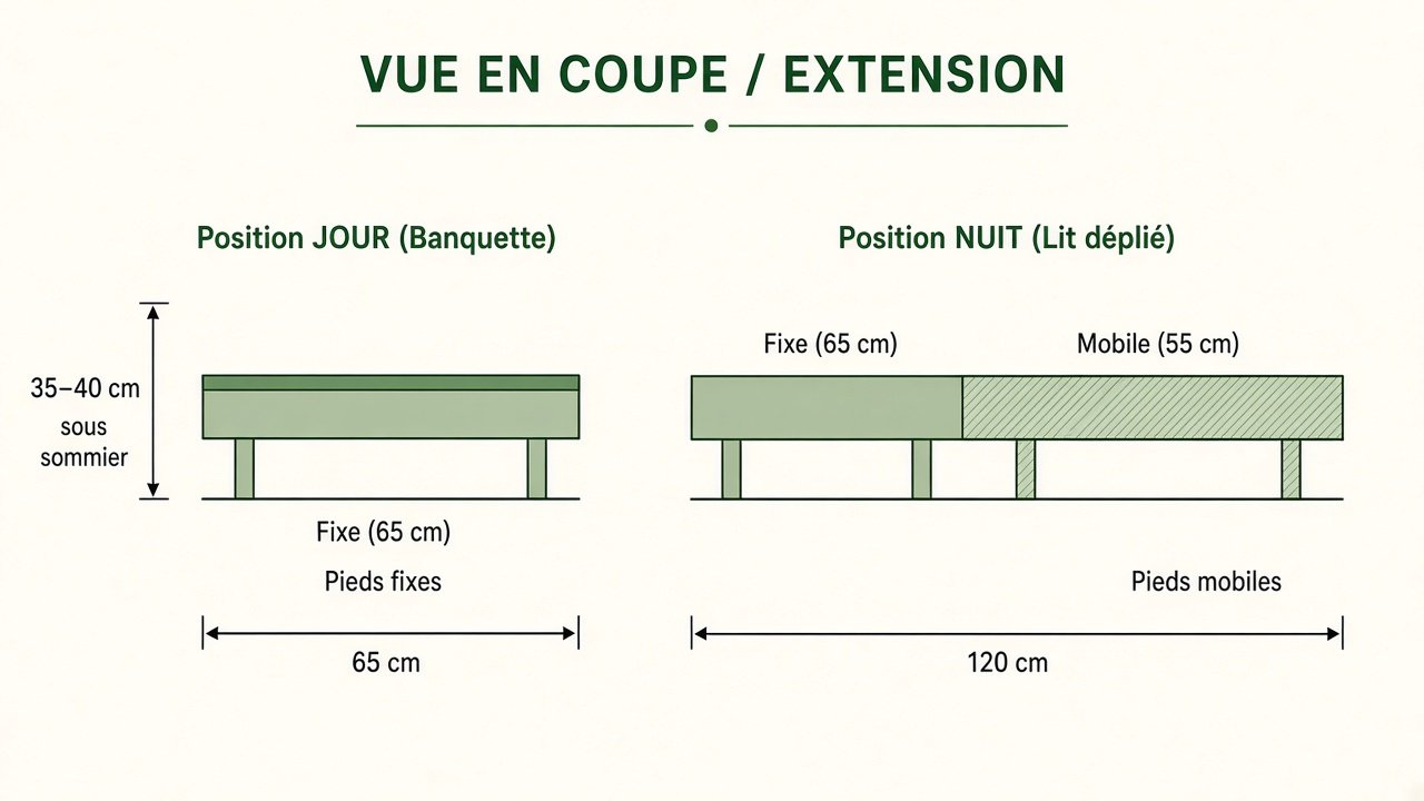 Schéma en coupe du lit peigne coulissant : banquette fixe 65 cm le jour, extension mobile 55 cm la nuit, couchage 120 cm, hauteur sous sommier 35 à 40 cm