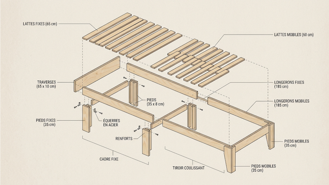 Vue éclatée 3D du lit peigne coulissant en bois pour van et fourgon amovible - Plans Economade