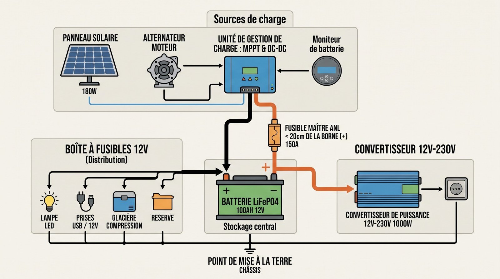 Schéma de câblage électrique 12V complet pour van : batterie LiFePO4, chargeur DC-DC et panneau solaire