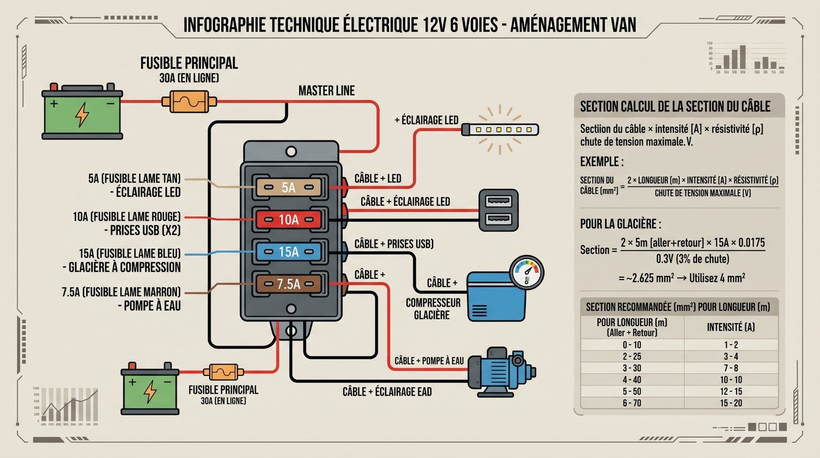 Boîte à fusibles 12V et départs pour glacière, éclairage et prises dans un fourgon aménagé