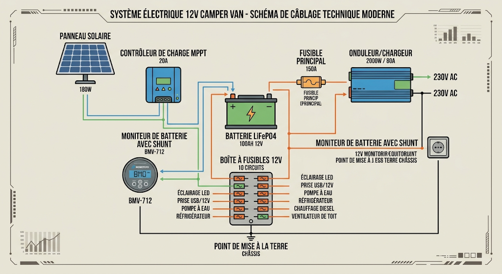Schéma de câblage 12V van : panneau solaire, régulateur MPPT, batterie LiFePO4, fusible maître, boîte à fusibles, onduleur 230V et point de masse châssis